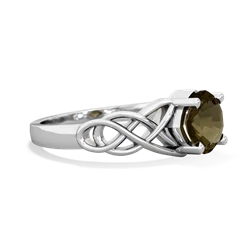 Smoky Quartz Checkerboard Cushion Celtic Knot 14K White Gold ring R5000