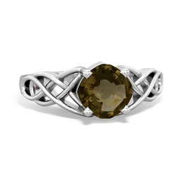 Smoky Quartz Checkerboard Cushion Celtic Knot 14K White Gold ring R5000