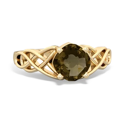 Smoky Quartz Checkerboard Cushion Celtic Knot 14K Yellow Gold ring R5000