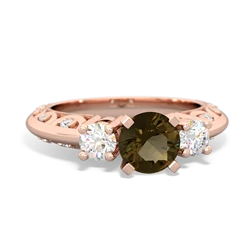 Smoky Quartz Art Deco Diamond 6Mm Round Engagment 14K Rose Gold ring R2003