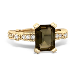 Smoky Quartz Sparkling Tiara 8X6 Emerald-Cut 14K Yellow Gold ring R26298EM