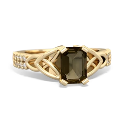 Smoky Quartz Celtic Knot 7X5 Emerald-Cut Engagement 14K Yellow Gold ring R26447EM