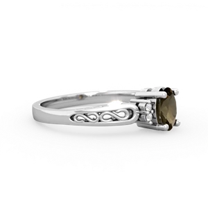 Smoky Quartz Filligree Scroll Oval 14K White Gold ring R0812