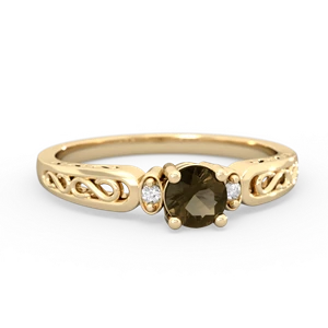 Smoky Quartz Filligree Scroll Round 14K Yellow Gold ring R0829