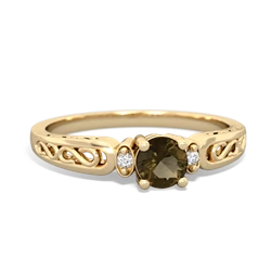 Smoky Quartz Filligree Scroll Round 14K Yellow Gold ring R0829