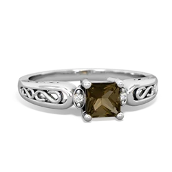 Smoky Quartz Filligree Scroll Square 14K White Gold ring R2430