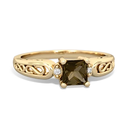 Smoky Quartz Filligree Scroll Square 14K Yellow Gold ring R2430