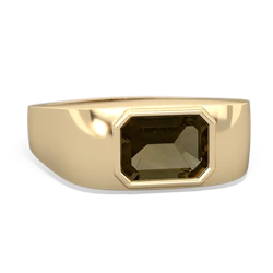 Smoky Quartz Men's Emerald-Cut Bezel 14K Yellow Gold ring R0410