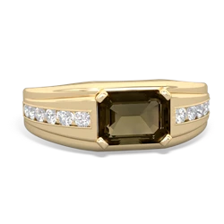 Smoky Quartz Men's Diamond Channel 14K Yellow Gold ring R0500