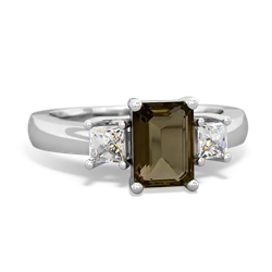 Smoky Quartz Diamond Three Stone Emerald-Cut Trellis 14K White Gold ring R4021