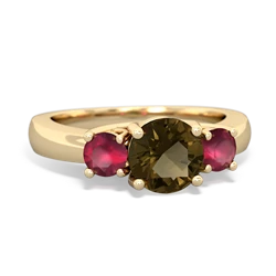 Smoky Quartz Three Stone Round Trellis 14K Yellow Gold ring R4018