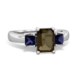 Smoky Quartz Three Stone Emerald-Cut Trellis 14K White Gold ring R4021