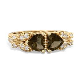 Smoky Quartz Diamond Butterflies 14K Yellow Gold ring R5601