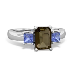 Smoky Quartz Three Stone Emerald-Cut Trellis 14K White Gold ring R4021