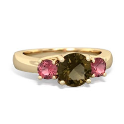 Smoky Quartz Three Stone Round Trellis 14K Yellow Gold ring R4018