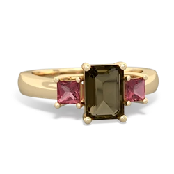 Smoky Quartz Three Stone Emerald-Cut Trellis 14K Yellow Gold ring R4021