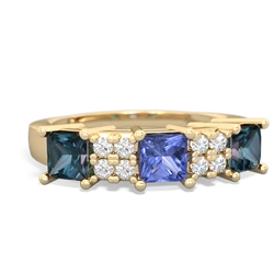 Tanzanite Three Stone Diamond Cluster 14K Yellow Gold ring R2592