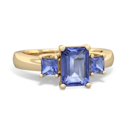 Blue Topaz Three Stone Emerald-Cut Trellis 14K Yellow Gold ring R4021