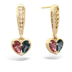 Pink Tourmaline Filligree Heart 14K Yellow Gold earrings E5070