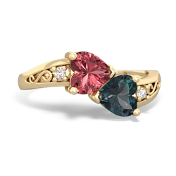 Pink Tourmaline Snuggling Hearts 14K Yellow Gold ring R2178