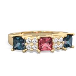 Pink Tourmaline Three Stone Diamond Cluster 14K Yellow Gold ring R2592