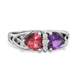 Pink Tourmaline Celtic Knot Double Heart 14K White Gold ring R5040