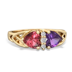 Pink Tourmaline Celtic Knot Double Heart 14K Yellow Gold ring R5040