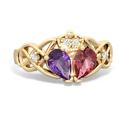 Pink Tourmaline 'One Heart' Celtic Knot Claddagh 14K Yellow Gold ring R5322