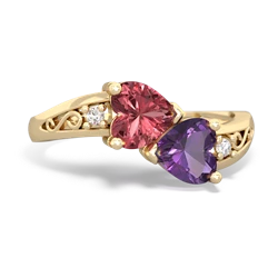 Pink Tourmaline Snuggling Hearts 14K Yellow Gold ring R2178