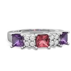 Pink Tourmaline Three Stone Diamond Cluster 14K White Gold ring R2592