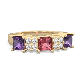 Pink Tourmaline Three Stone Diamond Cluster 14K Yellow Gold ring R2592