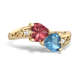 Pink Tourmaline Snuggling Hearts 14K Yellow Gold ring R2178