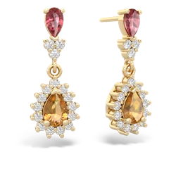 Pink Tourmaline Halo Pear Dangle 14K Yellow Gold earrings E1882