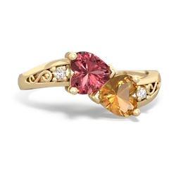 Pink Tourmaline Snuggling Hearts 14K Yellow Gold ring R2178