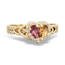 Pink Tourmaline Celtic Knot Two Hearts As One 14K Yellow Gold ring R2644HRT