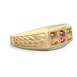 Pink Tourmaline Three Stone Tire Tread Men's 14K Yellow Gold ring R0520