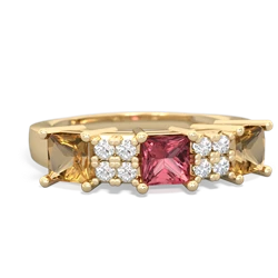 Pink Tourmaline Three Stone Diamond Cluster 14K Yellow Gold ring R2592