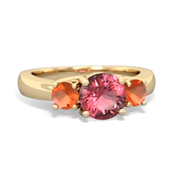 Pink Tourmaline Three Stone Round Trellis 14K Yellow Gold ring R4018