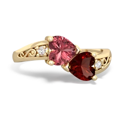 Pink Tourmaline Snuggling Hearts 14K Yellow Gold ring R2178