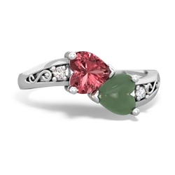 Pink Tourmaline Snuggling Hearts 14K White Gold ring R2178