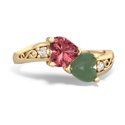 Pink Tourmaline Snuggling Hearts 14K Yellow Gold ring R2178