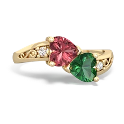 Pink Tourmaline Snuggling Hearts 14K Yellow Gold ring R2178