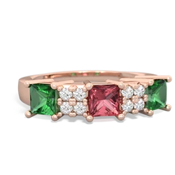 Pink Tourmaline Three Stone Diamond Cluster 14K Rose Gold ring R2592