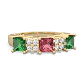 Pink Tourmaline Three Stone Diamond Cluster 14K Yellow Gold ring R2592