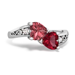 Pink Tourmaline Snuggling Hearts 14K White Gold ring R2178