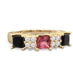 Pink Tourmaline Three Stone Diamond Cluster 14K Yellow Gold ring R2592