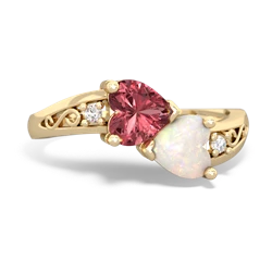 Pink Tourmaline Snuggling Hearts 14K Yellow Gold ring R2178