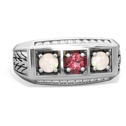 Pink Tourmaline Three Stone Tire Tread Men's 14K White Gold ring R0520