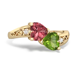 Pink Tourmaline Snuggling Hearts 14K Yellow Gold ring R2178