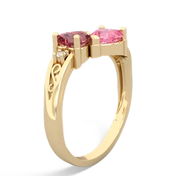 Pink Tourmaline Snuggling Hearts 14K Yellow Gold ring R2178